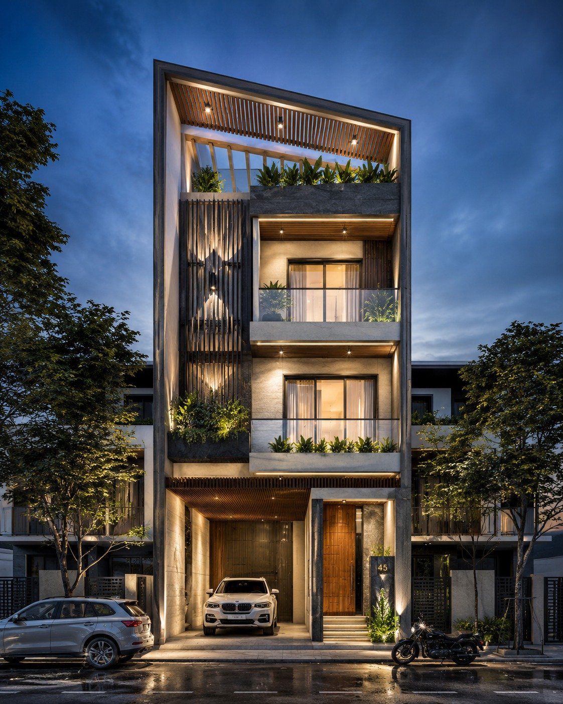 Narrow-front tall facade with integrated carport