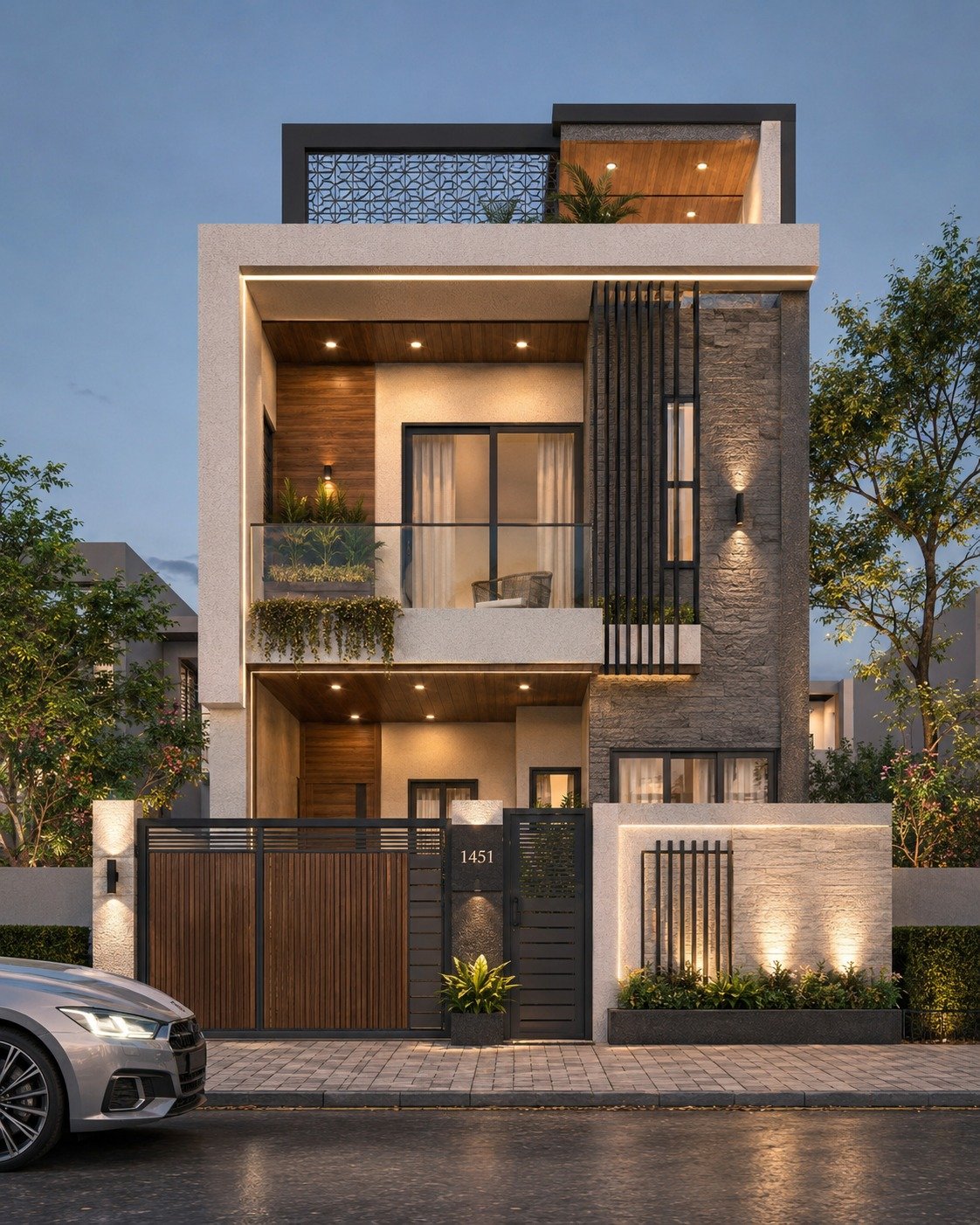 Three-storey facade with roof terrace and jaali screen