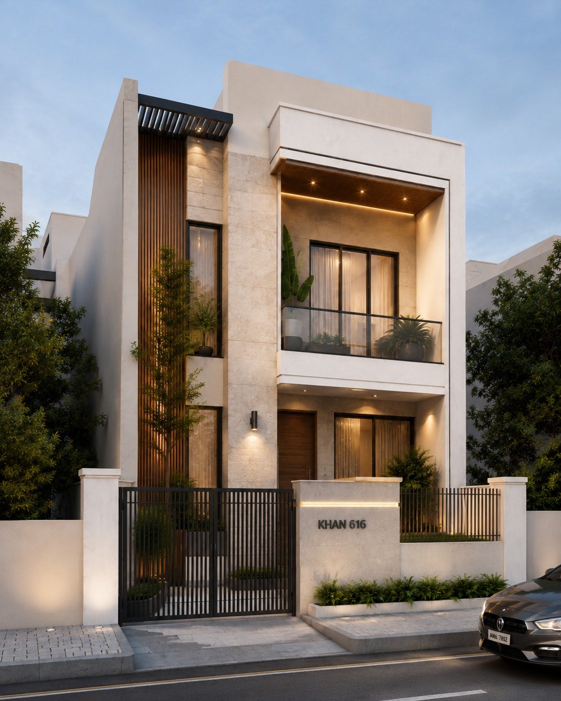 Two-storey stone and timber-batten facade