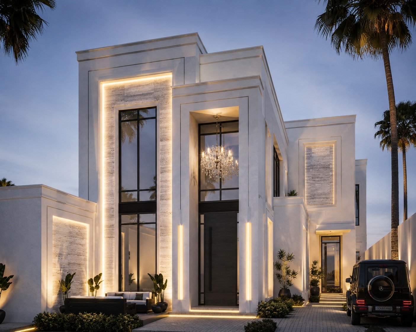 Wide white marble villa facade with double-height glazing