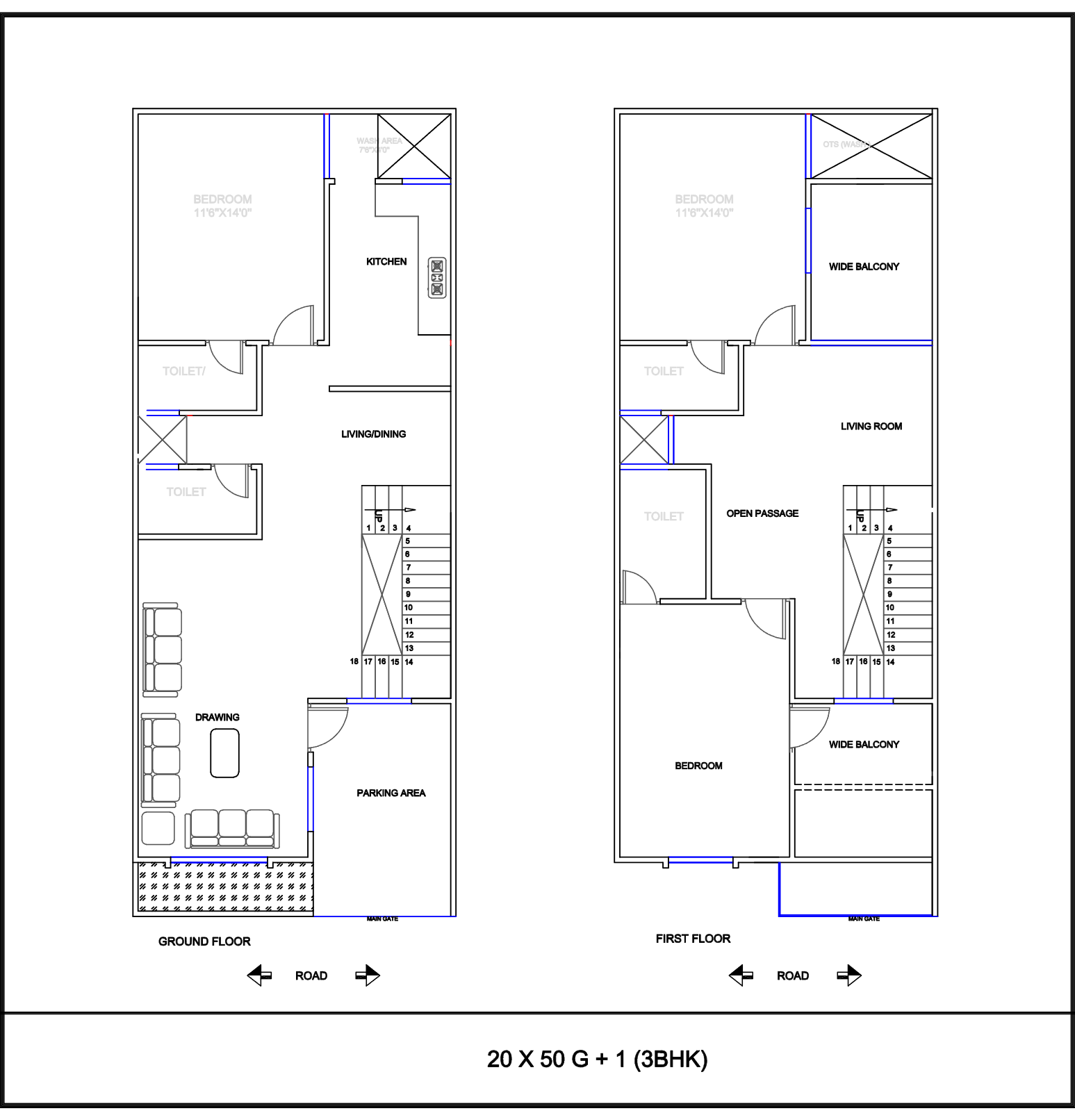 Floor plan drawing for the 20 by 50 foot layout, option B