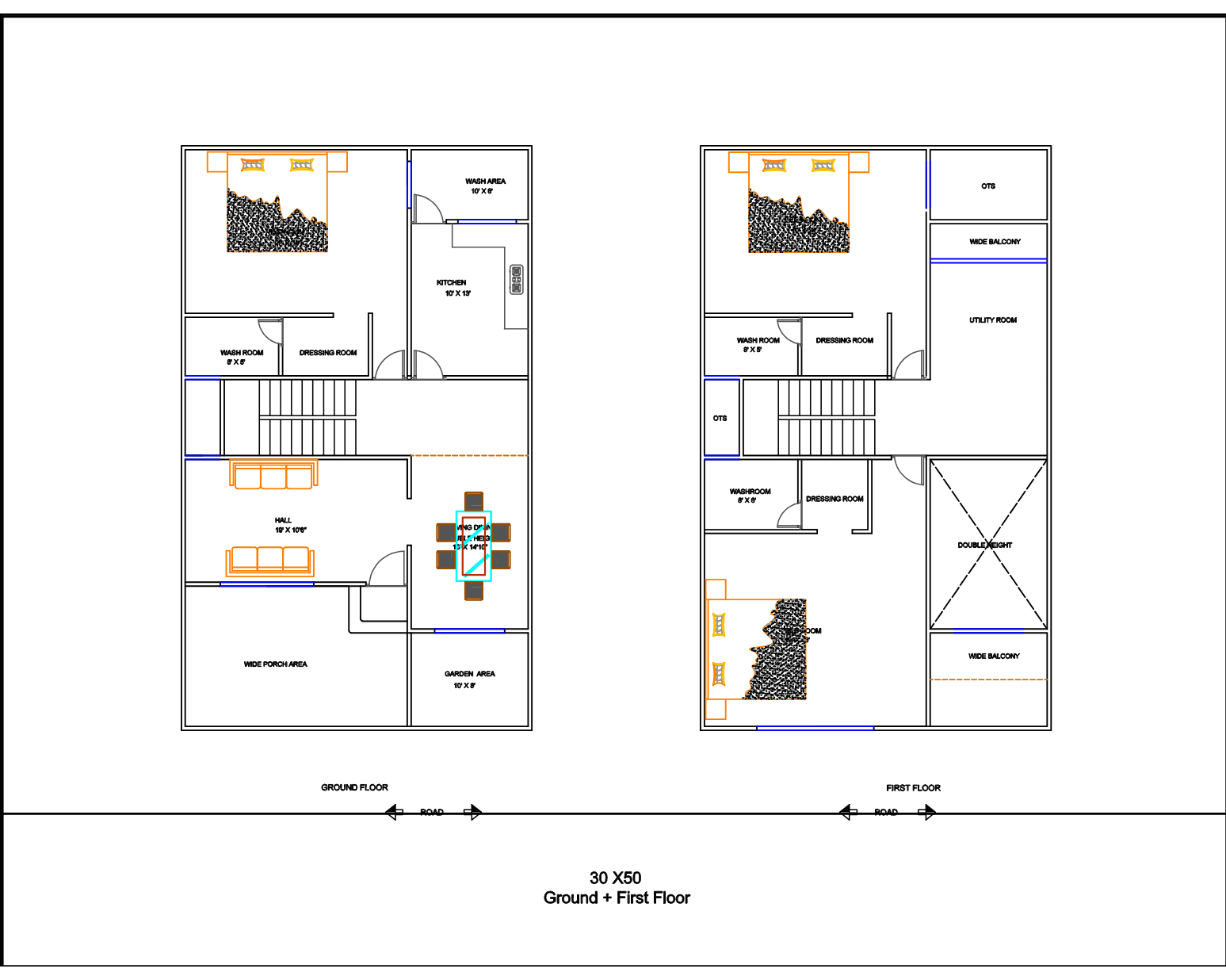 Floor plan drawing for the 30 by 50 foot layout, option B